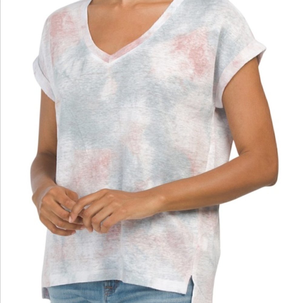 Cynthia Rowley Women's Size Large Linen T-Shirt Tie Dye V-Neck Red White Blue